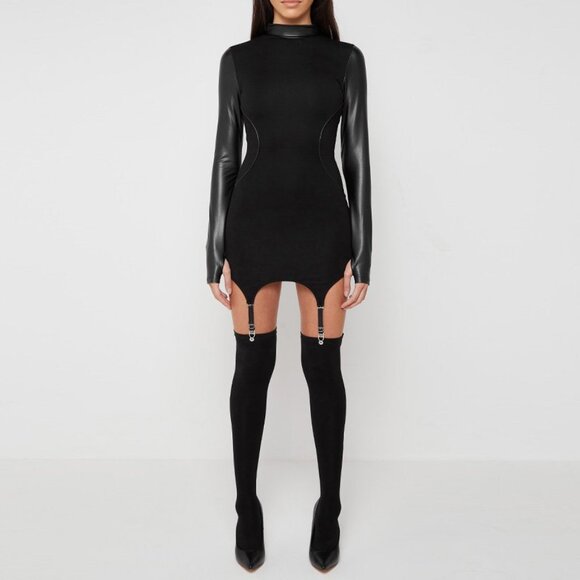 Maniere De Voir Vegan Leather Suspender Dress in Black - Picture 1 of 12